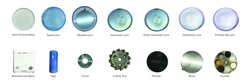 A series of different types of lens and parts.