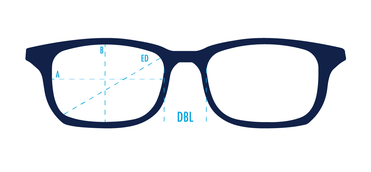 A diagram of glasses with the measurements drawn on it.