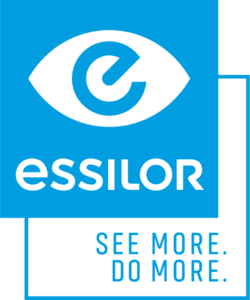 A blue and white logo for essilor.