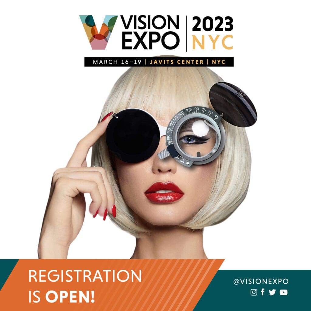 A woman with her eye glasses on and the words " vision expo nyc 2 0 2 3 ", which are underneath.